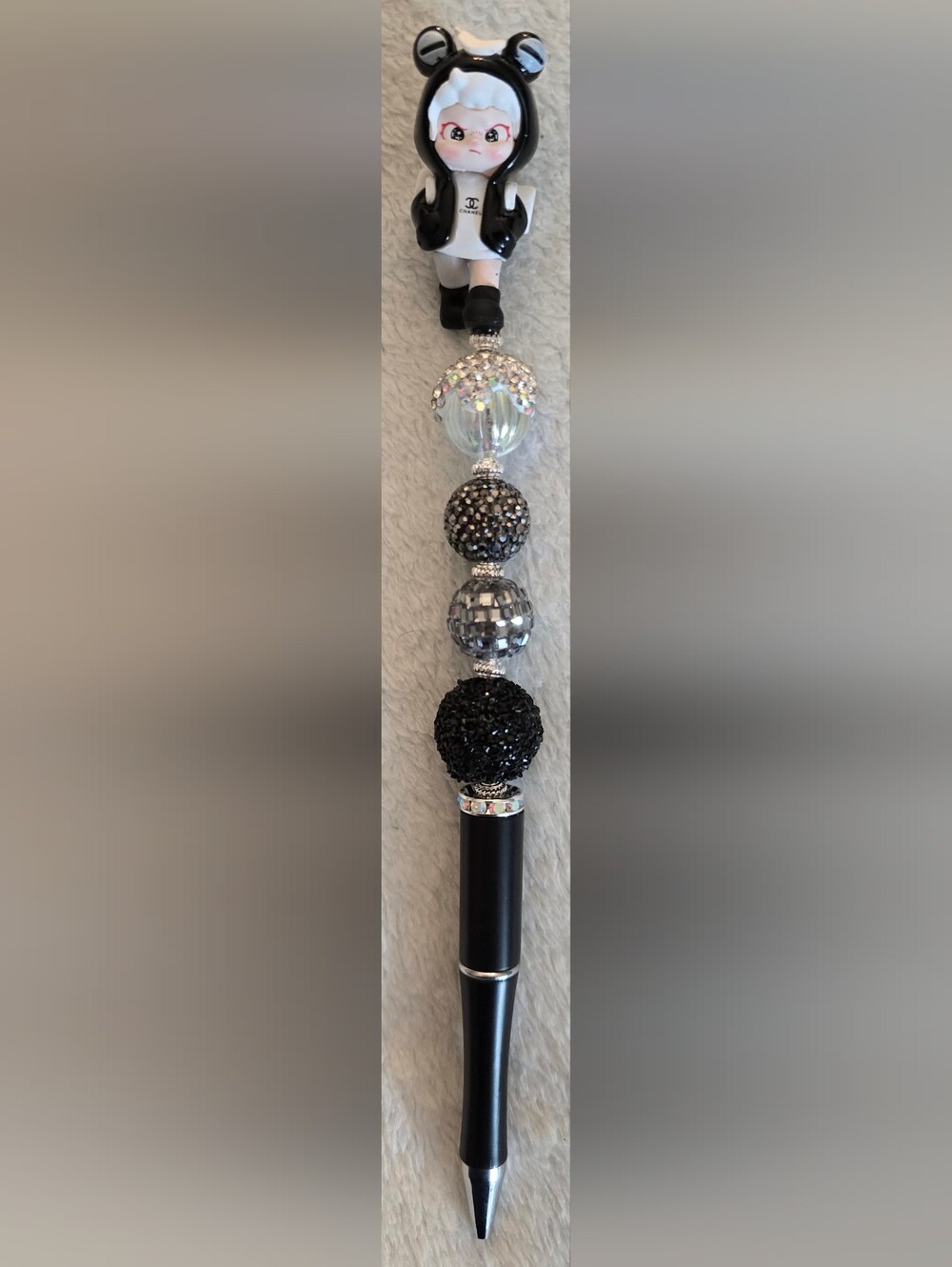 Black and Gunmetal Beaded Pen - Girl Figurine